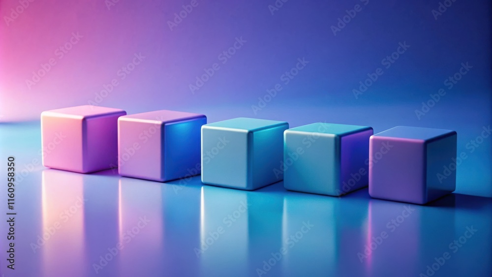 Poster A row of five vibrant cubes arranged in a pattern of pink and blue, with a reflective surface and a gradient background.