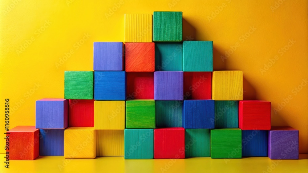 Aufkleber a pyramid of brightly colored wooden blocks arranged in a geometric pattern against a yellow backgro