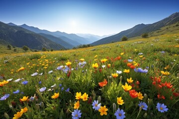 Fototapeta premium mountains in the distance with a field of flowers in the foreground
