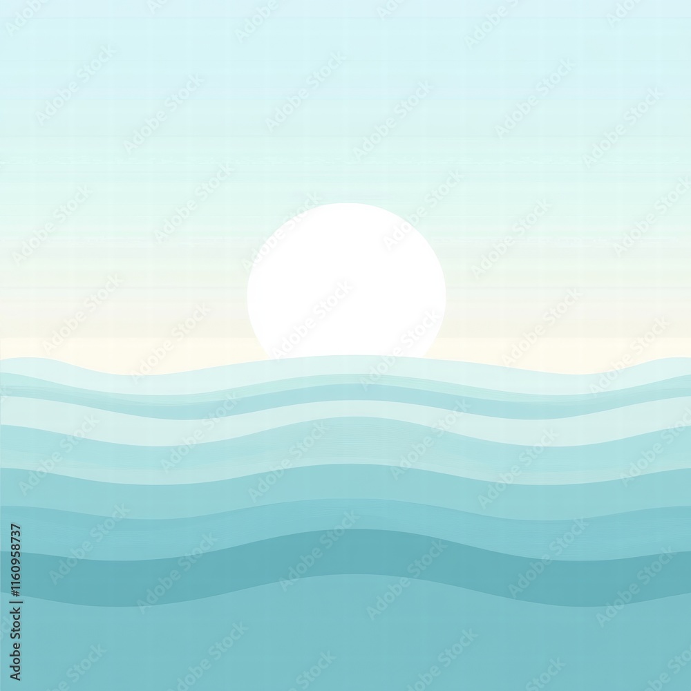 Poster stylized sun setting over soft waves with ample space for text or design. generative ai