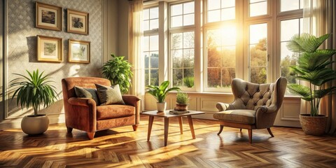 A sunlit living room with two plush armchairs, a wooden coffee table, and potted plants, creating a cozy and inviting atmosphere.