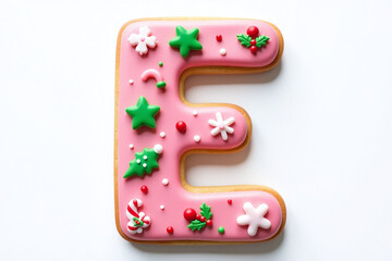 pink gingerbread cookie christmas decorations uppercase letter e bold bright colors simple white backdrop