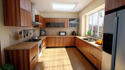 Bright and modern kitchen interior featuring wooden cabinets, minimalist design, and modern appliances, offering a stylish and functional cooking space. Modern Minimalist Home Kitchen Interior
