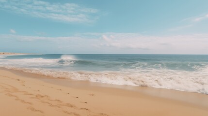 Obraz premium A tranquil beach with golden sands and gentle waves, soft natural light, space on the right for branding,generative ai illustration