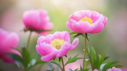 Fototapeta premium vibrant pink peonies in full bloom macro photography of fresh spring flowers with delicate petals and soft natural light creating dreamy atmosphere
