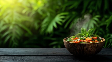 Tamarind soup in a rustic Filipino kitchen, earthy tones complement the rich texture of sinigang with tropical greenery outside the window
