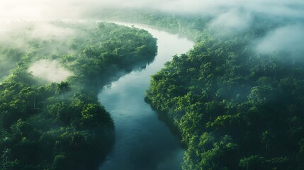 Aerial perspective of meandering river cutting through vibrant emerald tropical rainforest canopy, showcasing pristine wilderness in misty morning atmosphere.