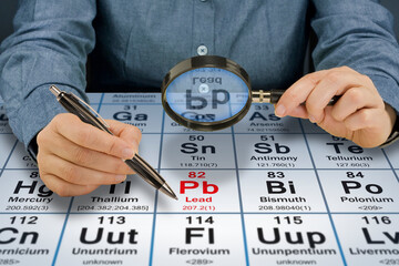 LEAD CHEMICAL ELEMENT WITH THE MENDELEEV PERIODIC TABLE - Concept with a magnifying glass and...