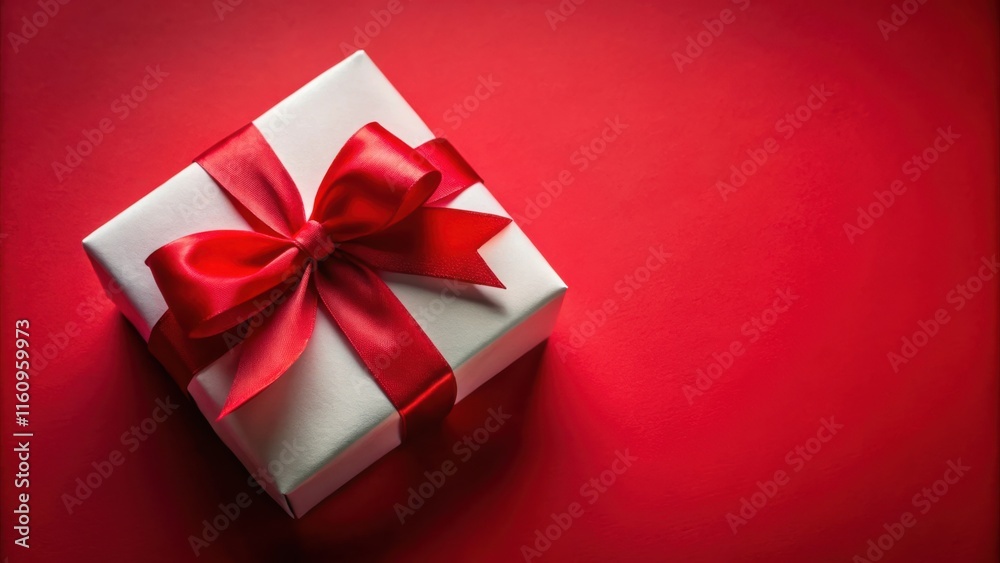 Poster a single white gift box with a bright red satin bow on a red background, a simple yet elegant displa