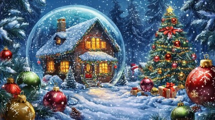 Fototapeta premium Christmas festive snow globe with house and fir tree. Happy New Year and Merry Christmas. Christmas transparent baubles and fir tree on blue background with sparkling lights and snowflakes