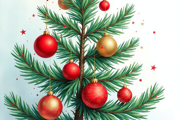 Fototapeta premium red gold ornaments adorn beautifully painted spruce tree festive christmas balls watercolor details surrounding