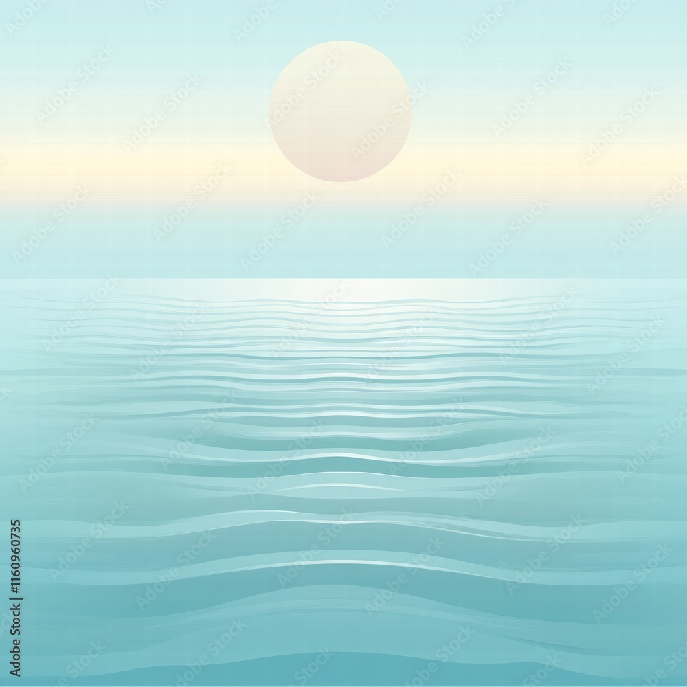 Aufkleber Stylized sun rises over gentle waves with a serene horizon line and ample space for text addition. Generative AI