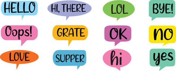 Set of sale and discount labels. Doodle conversation clouds sign.