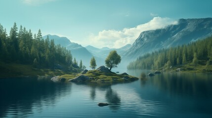 Fototapeta premium A tranquil lake with a mountain backdrop, studio lighting setup, space on the right for logo,generative ai illustration