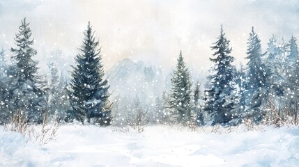 Obraz premium Serene winter landscape with snow-covered trees and soft, misty