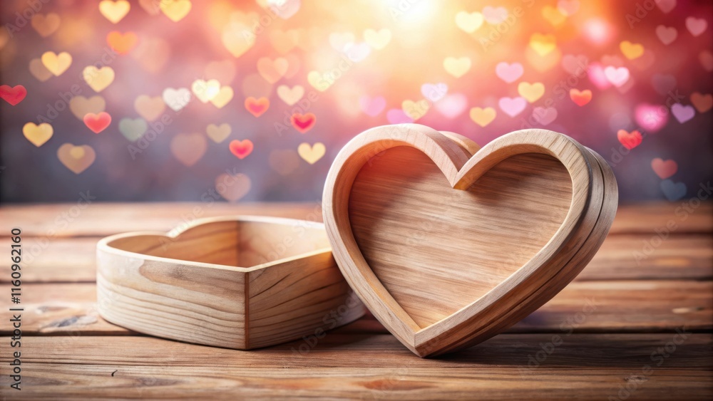 Poster A wooden heart-shaped box sits on a rustic wooden table with a bokeh background of blurry red and pink hearts, a symbol of love and affection.