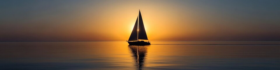 Fototapeta premium Sailboat gliding on calm waters, illuminated by stunning sunset