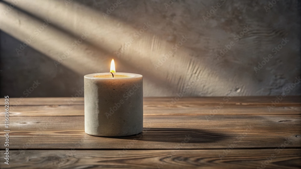 Poster A single burning candle on a rustic wooden table with soft light streaming through a window creating shadows on the wall.