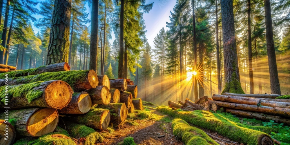 Poster sunlight beams through a forest of tall pines illuminating a pile of cut logs covered in moss