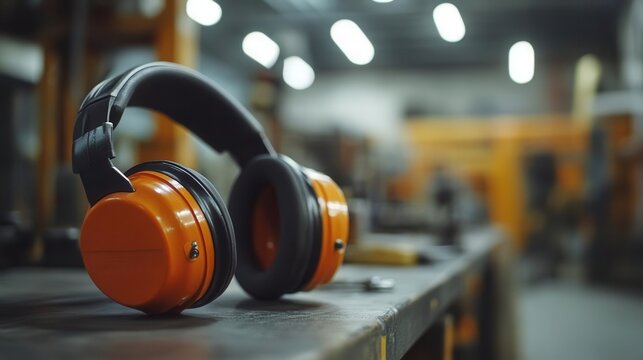 industrial safety equipment close-up of professional orange ear protection muffs on workshop table, workplace safety concept