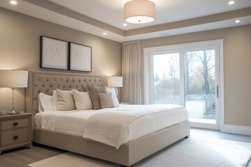 Fototapeta premium Cozy bedroom featuring soft colors, elegant furnishings, and nat