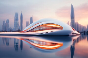 Fototapeta premium A futuristic city where glowing skyscrapers bend and twist in impossible shapes, creating optical illusions in their reflections