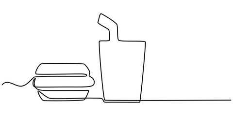 Thin Line Fast Food Icon. Soda And Hamburger, Burger and soda takeout food in continuous line art drawing style. Fast-food minimalist black linear sketch isolated on white background. Pro Vector. 