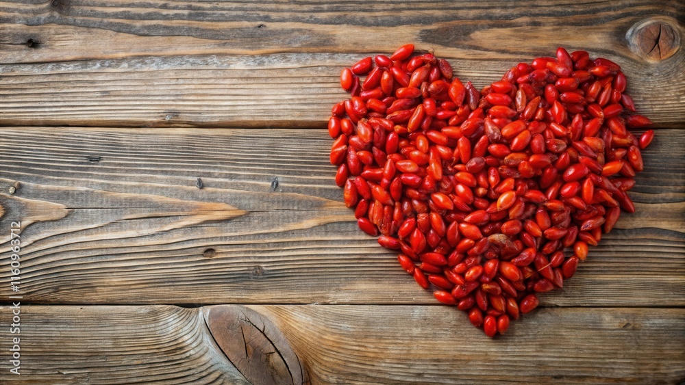Poster a rustic wooden surface features a heart-shaped arrangement of vibrant red berries, creating a natur