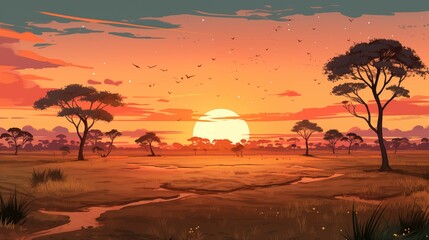 Fototapeta premium A vast savannah with scattered acacia trees at sunset, hard light, space on the left for logo,generative ai illustration