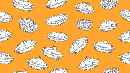 Doodle pie cake seamless pattern on orange background. Pie sketch motif. Pastry, bakery wallpaper, paper wrapper. print, packaging. Vector illustration
