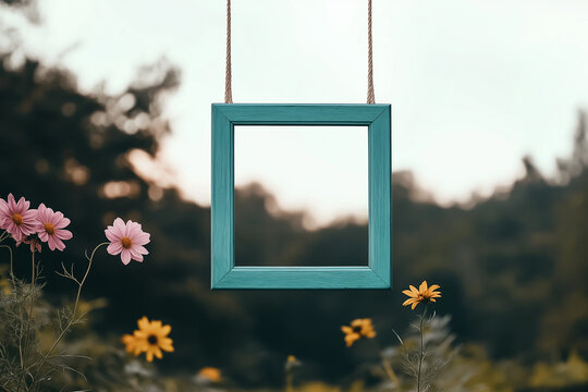 Bunter Bilderrahmen umgeben von farbenfrohen Blumen im Freien

