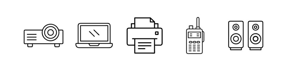 Line Icons of Office and Communication Devices - Minimalistic line icons featuring a projector, laptop, printer, walkie-talkie, and speakers, ideal for office, tech, and communication designs.