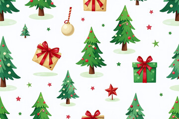 seamless christmas pattern includes cartoon tree gift box watercolor design decorative