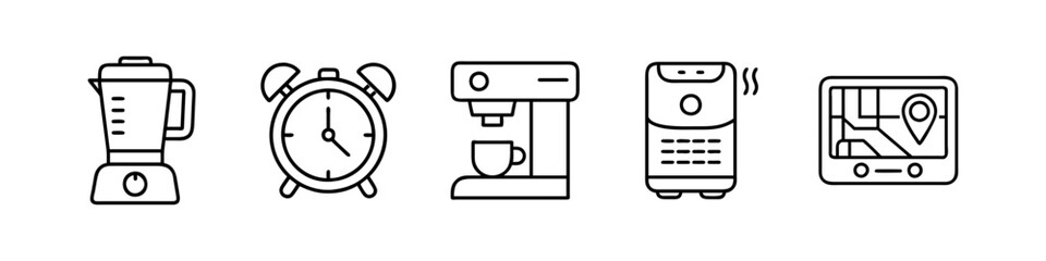 Line Icons of Kitchen Appliances and Gadgets - Minimalistic line icons featuring a blender, alarm clock, coffee maker, air purifier, and GPS device, perfect for home and technology themes.