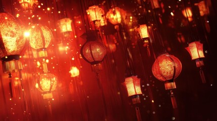 Glowing red lanterns hanging, festive background.