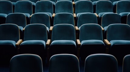 Obraz premium Rows of empty dark teal velvet theater seats.