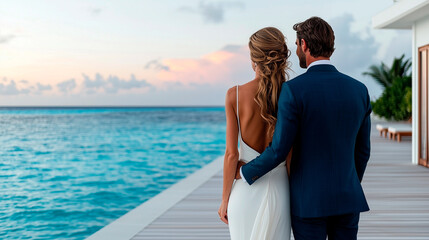 Bride and Groom on Ocean Deck at Sunset