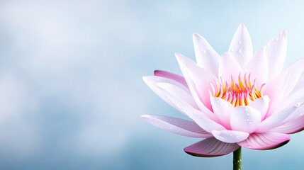 A serene pink lotus flower with droplets against a soft background.
