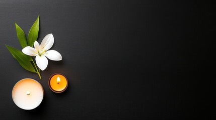White Lily and Candle on Black Background - Elegant and Serene Decor with Copy Space