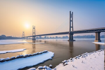 arafed bridge over a river with snow on the ground