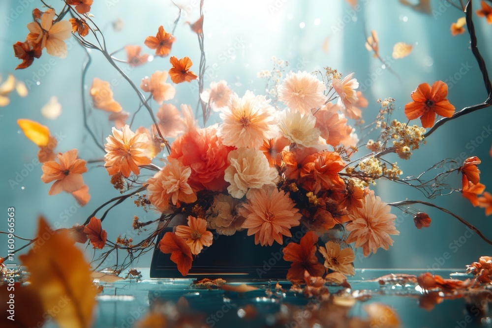 Poster a magical ikebana arrangement with flowers glowing softly and vines that appear to move, set in an e