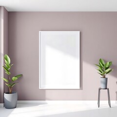 Minimalist Mockup: A sleek white frame with a blank canvas hangs in a contemporary living room, bathed in soft natural light, beside two potted plants.