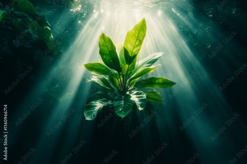 Poster a magical forest where light rays create the illusion of a hidden doorway among the trees