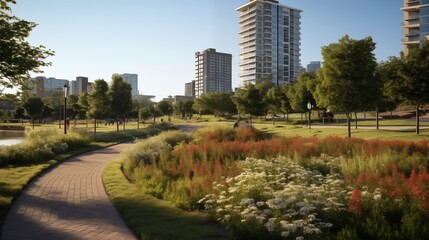 Fototapeta premium A vibrant city park with walking paths and blooming flowers, ambient light, space on the right for text,generative ai illustration