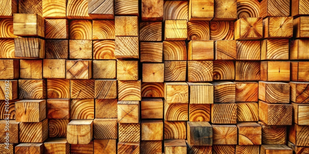 Leinwandbilder A wall of stacked wooden blocks, each with unique grain patterns, creating a textured and visually appealing surface