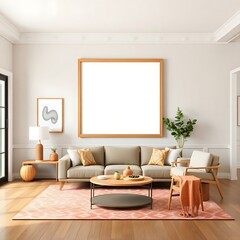 Modern Living Room Mockup: A minimalist living room with a large framed canvas, ready for your design or artwork. The warm wood tones and pops of orange create a welcoming and inviting atmosphere.  