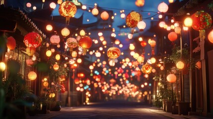 Illuminated Asian street at night, adorned with numerous colorful lanterns hanging overhead, creating a festive ambiance.