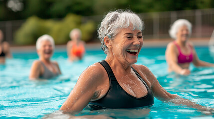 Fototapeta premium Senior Woman Participating in Water Aerobics Class