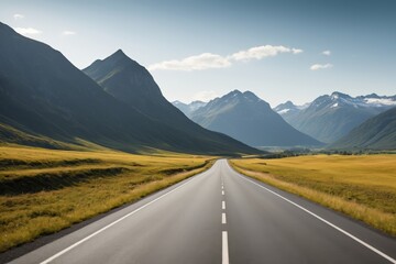 Naklejka premium arafed road in the middle of a grassy valley with mountains in the background
