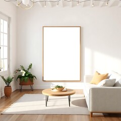 Modern Living Room with Empty Frame: A minimalist living room with a large empty frame on the wall, perfect for showcasing your artwork, photos, or designs.  The room is bathed in natural light.